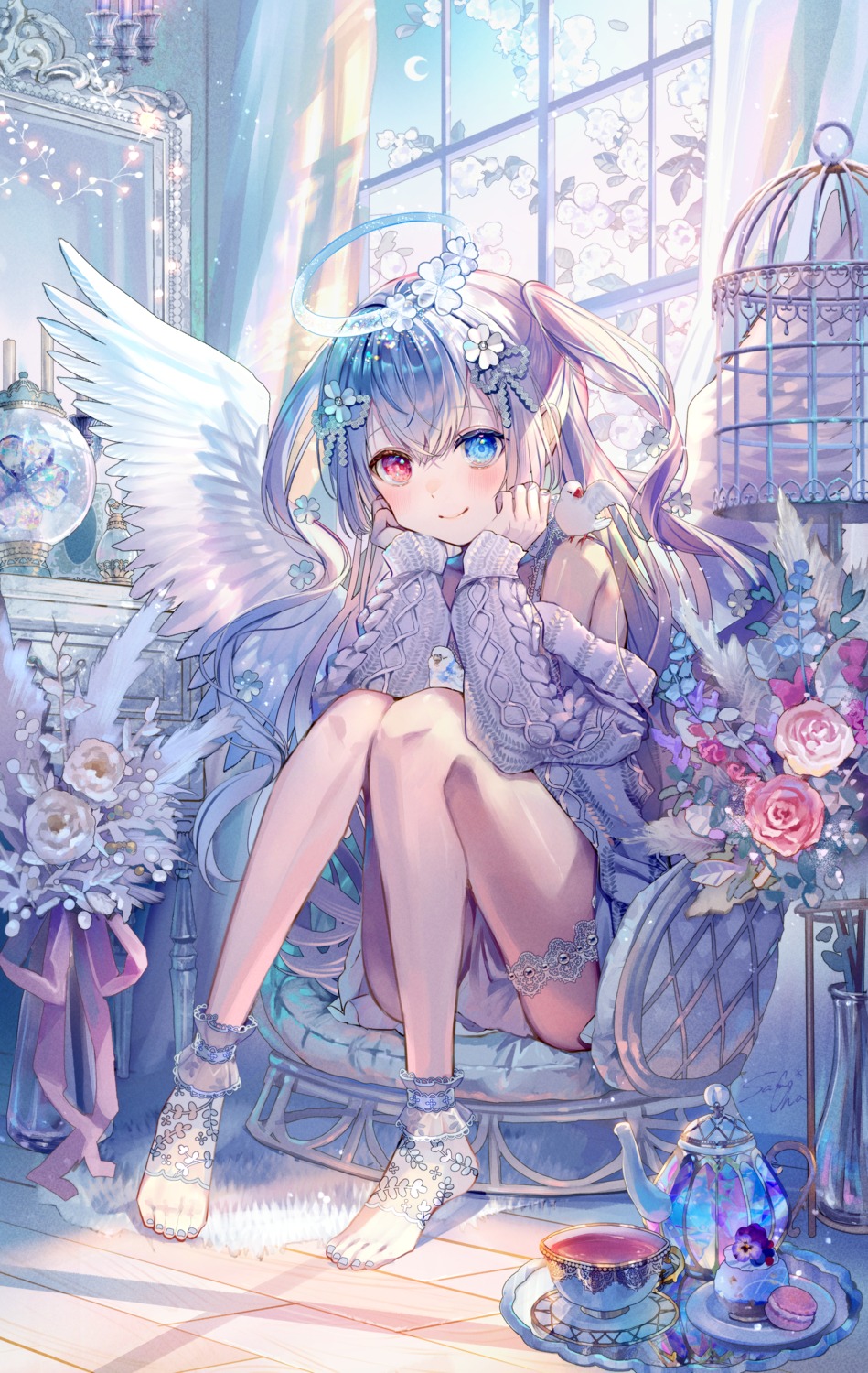 angel, garter, heterochromia, samo_cha, sweater, wings