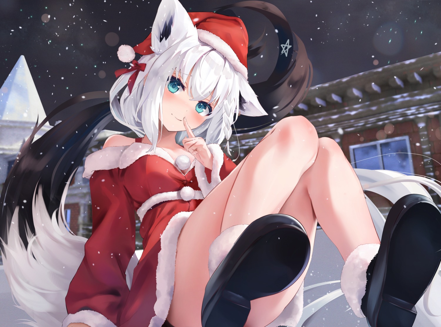 animal_ears, christmas, dress, hololive, hololive_gamers, kitsune, shirakami_fubuki, tail