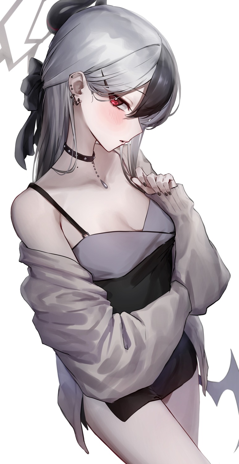 blue_archive, devil, dress, halo, horns, monegi, onikata_kayoko, sweater