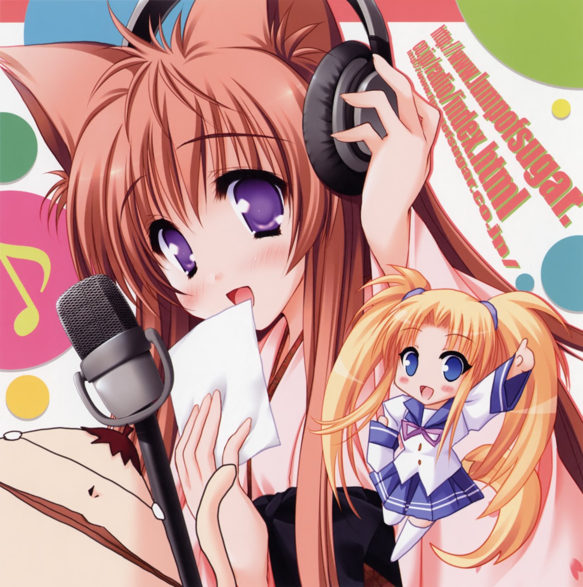 animal_ears, chibi, headphones, kimono, kitsune, lump_of_sugar, mito_mashiro, mitora_mememe, moekibara_fumitake, tayutama, thighhighs