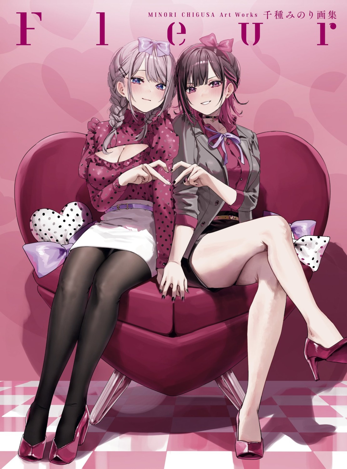 chigusa_minori, cleavage, heels, pantyhose, saotome_shino_(shino_to_ren), shino_to_ren, shirayuki_ren, skirt_lift, yuri