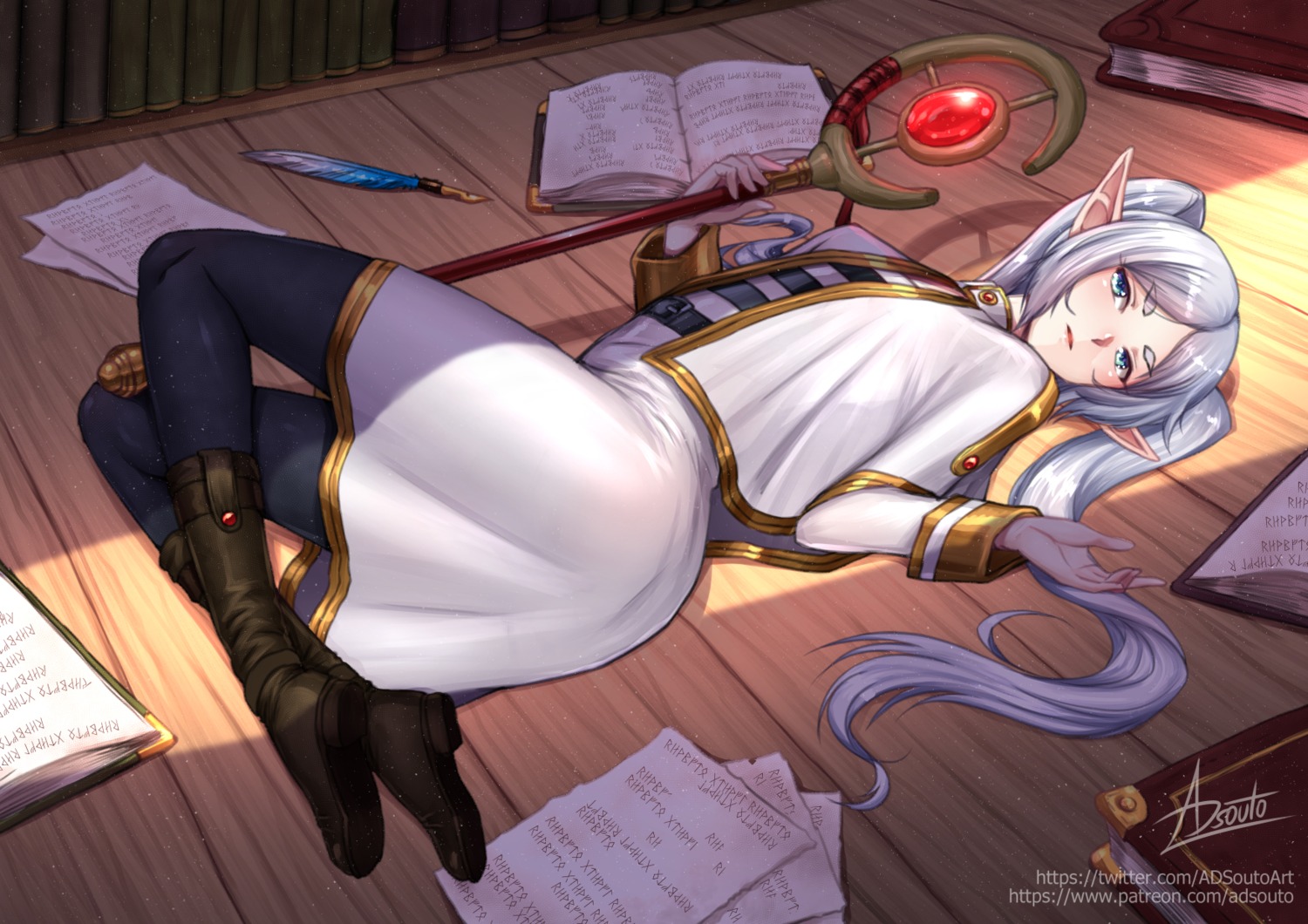 adsouto, dress, elf, frieren, pantyhose, pointy_ears, sousou_no_frieren, weapon