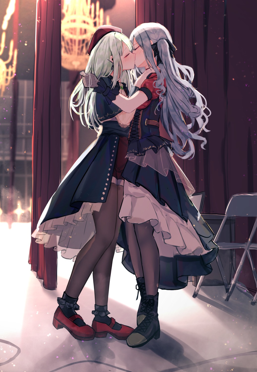 bang_dream!, bang_dream!_ave_mujica, benevole, corset, heels, thighhighs, togawa_sakiko, uniform, wakaba_mutsumi, yuri