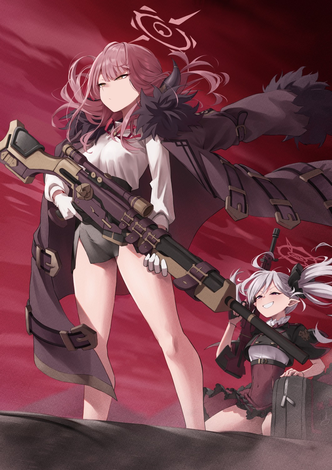 asagi_mutsuki, blue_archive, gun, halo, horns, karadborg, pointy_ears, rikuhachima_aru, skirt_lift, uniform
