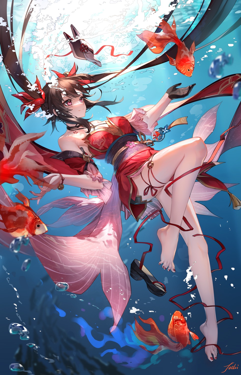 garter, honkai:_star_rail, japanese_clothes, joehi, no_bra, sparkle, tattoo, wet