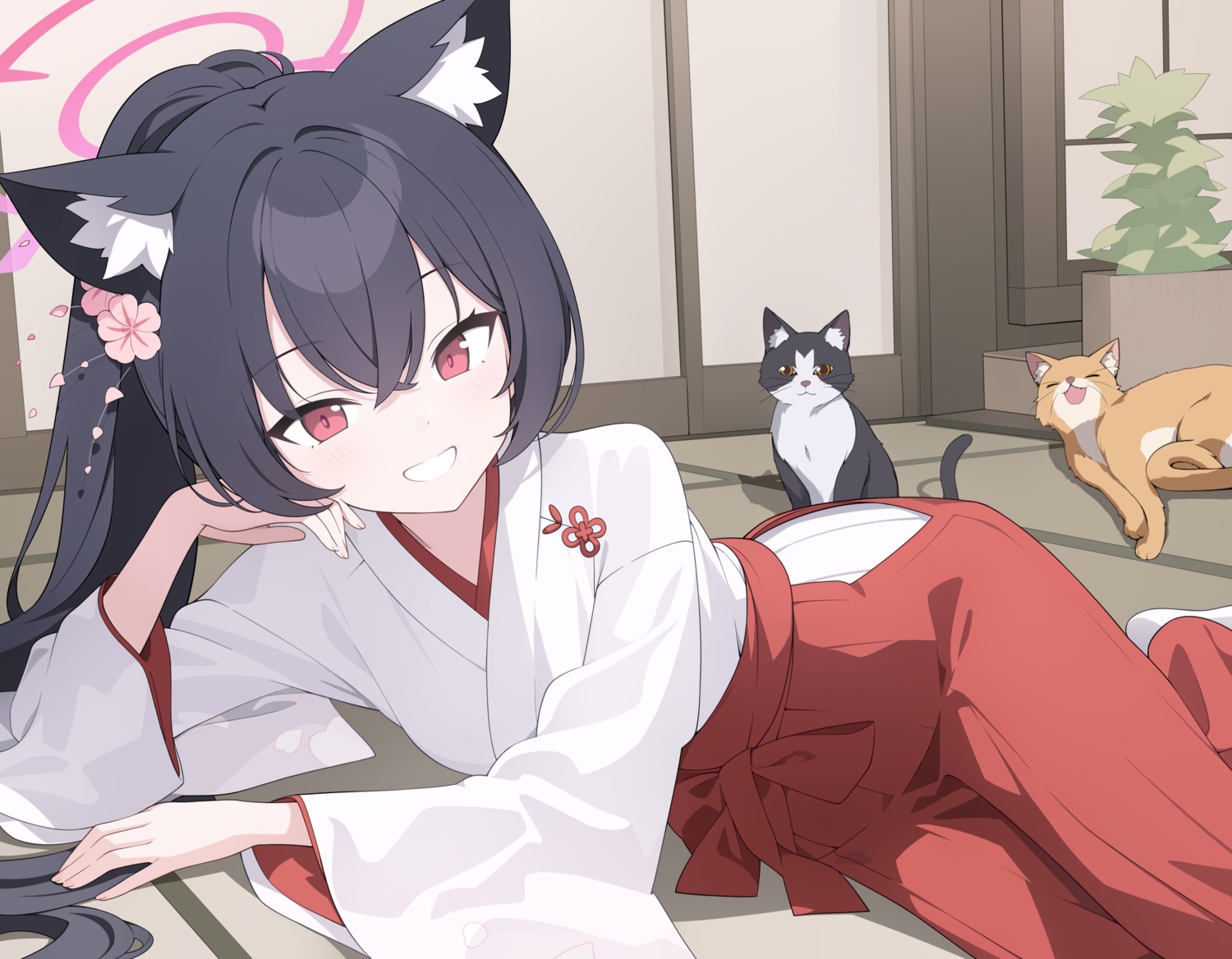 animal_ears, blue_archive, halo, jyt, kuromi_serika, miko, neko, nekomimi