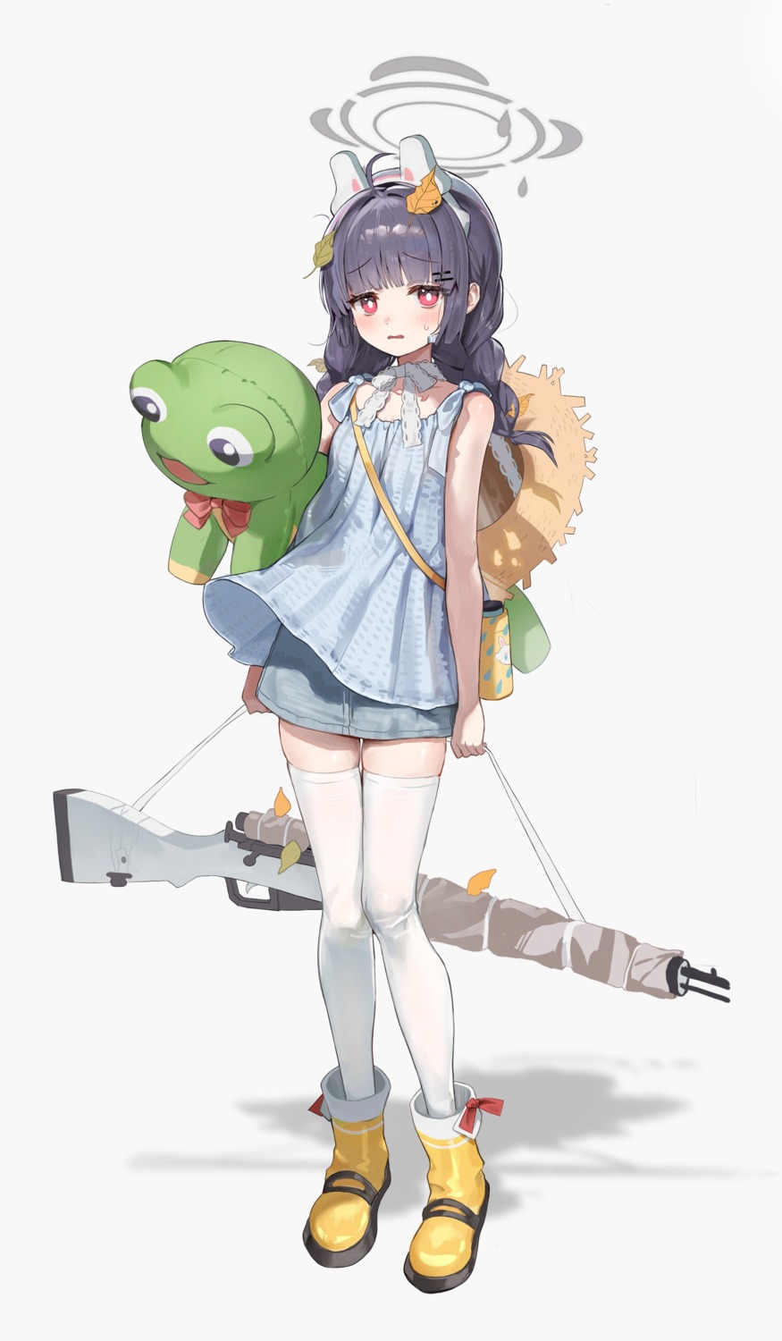animal_ears, blue_archive, bunny_ears, dress, gun, halo, kasumizawa_miyu, thighhighs, xos_shark_s2