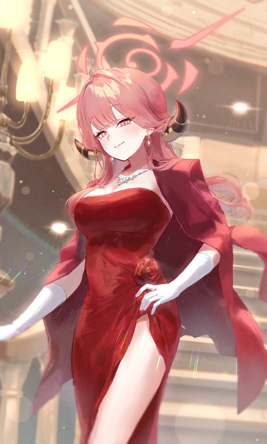 blue_archive, dress, eshineko, halo, horns, no_bra, rikuhachima_aru