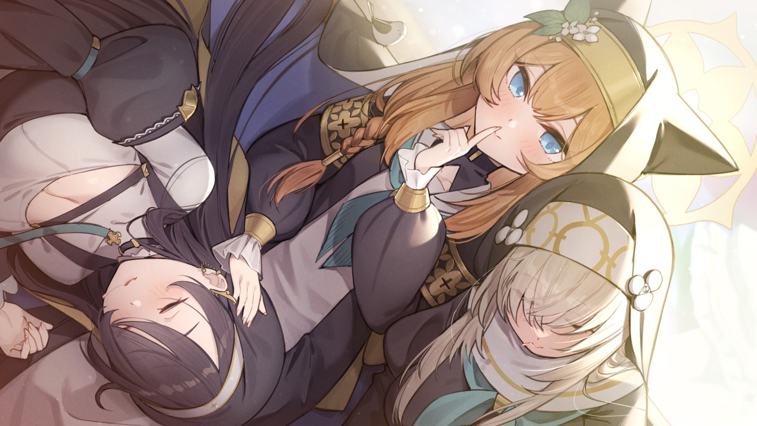 animal_ears, blue_archive, halo, iochi_mari, nekomimi, nun, seifuku, utazumi_sakurako, wakaba_hinata_(blue_archive), wallpaper, yellowpaint.