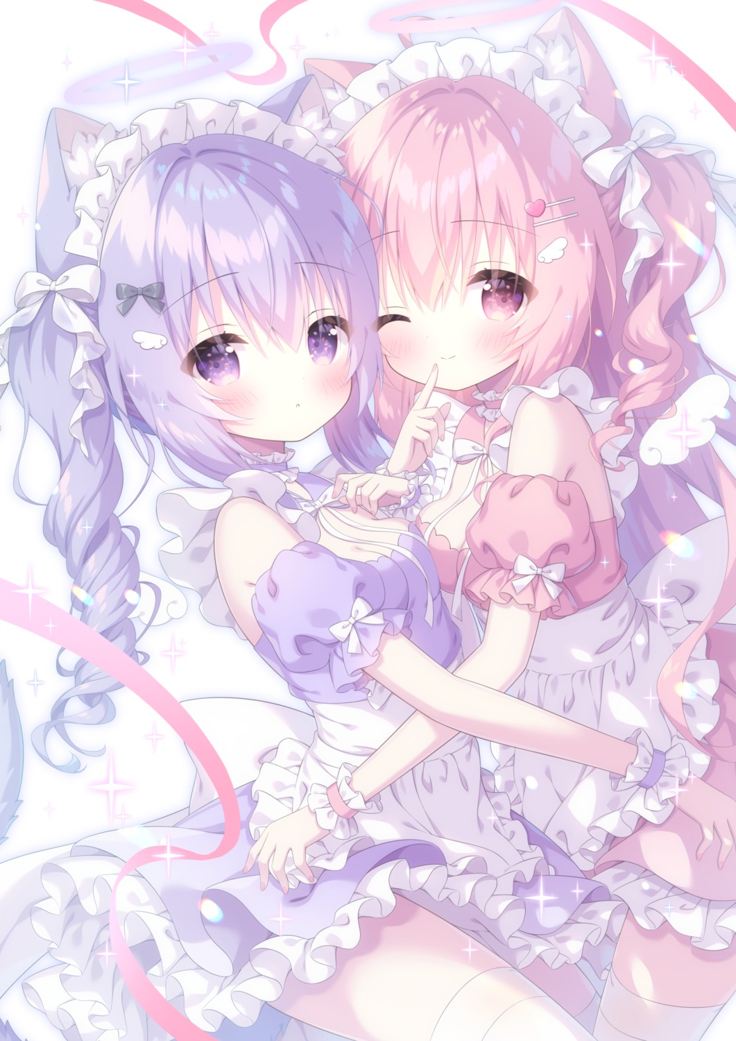animal_ears, cleavage, halo, kamishiro_piyo, maid, nekomimi, skirt_lift, symmetrical_docking