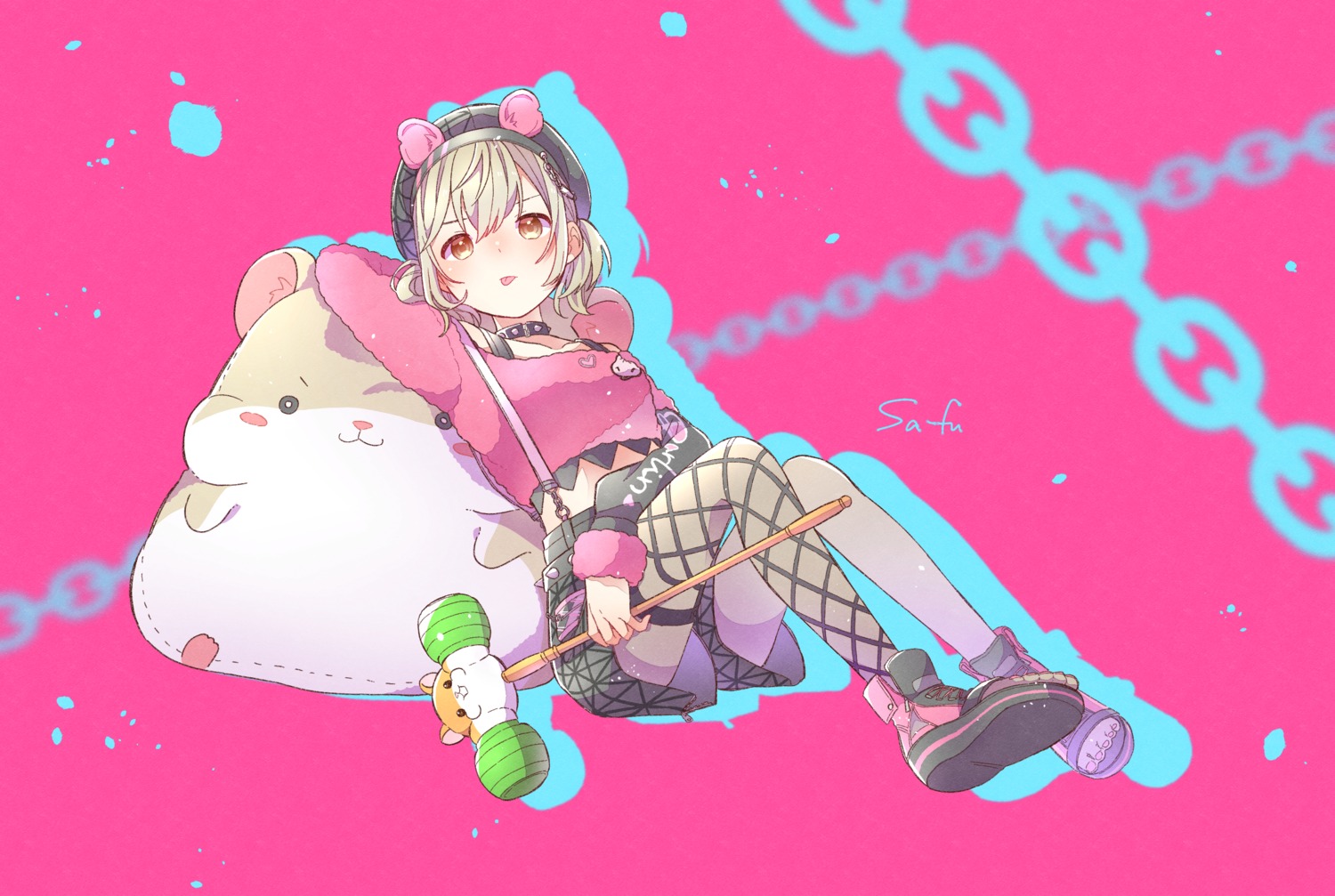 animal_ears, azusawa_kohane, fishnets, project_sekai, sa-fu, thighhighs, uniform, weapon