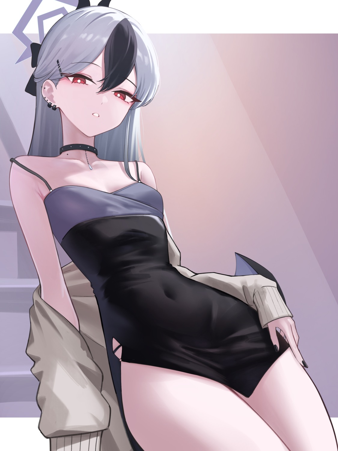 blue_archive, devil, dress, halo, horns, no_bra, onikata_kayoko, onuj2$, sweater, wings