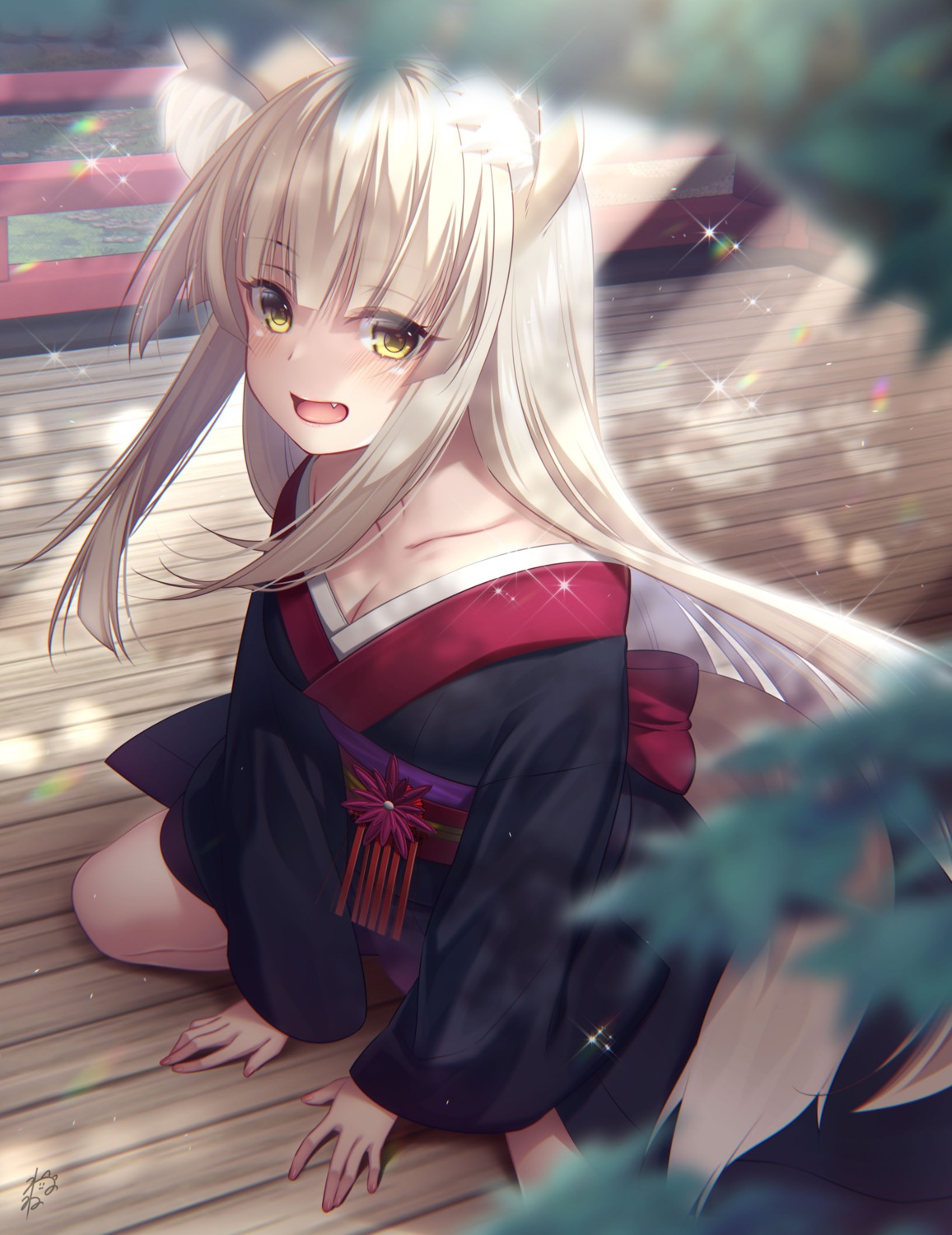 animal_ears, cleavage, kimono, kitsune, no_bra, open_shirt, suzuki_nene, tail