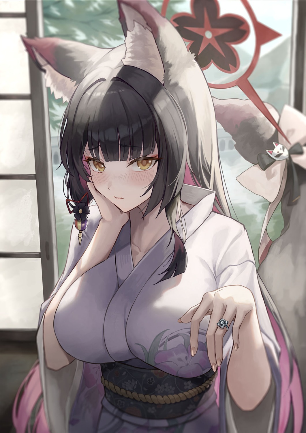 animal_ears, blue_archive, halo, kimono, kitsune, kosaka_wakamo, slime_nyang, tail