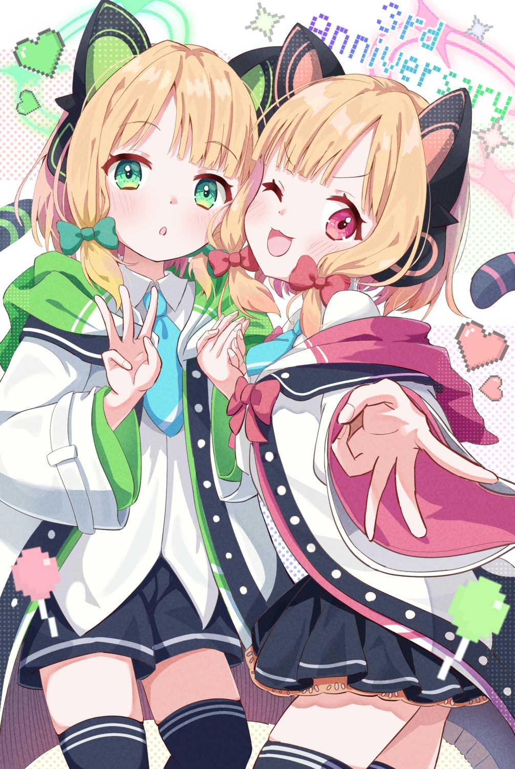 animal_ears, blue_archive, halo, headphones, mikumiku37, nekomimi, saiba_midori, saiba_momoi, seifuku, tail, thighhighs