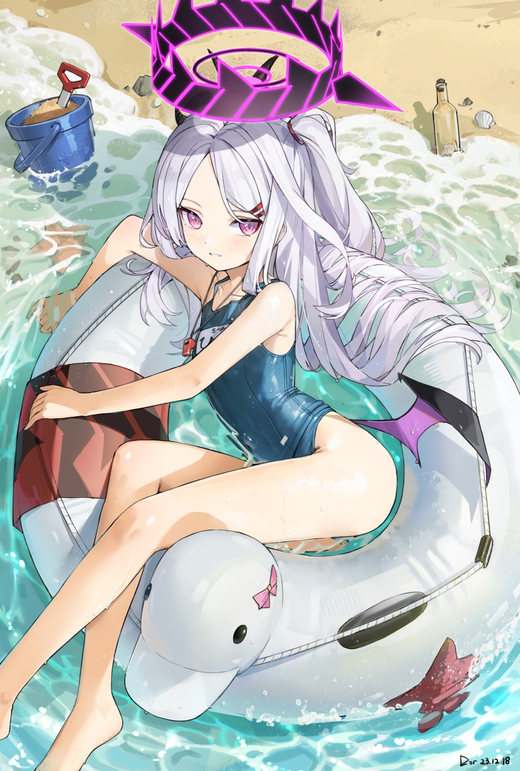 blue_archive, devil, dor_m, halo, horns, school_swimsuit, sorasaki_hina, swimsuits, wet, wings