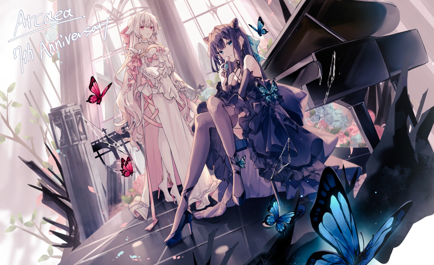 arcaea, dress, heels, hikari_(arcaea), miyu_(miy_u1308), no_bra, skirt_lift, tairitsu_(arcaea)