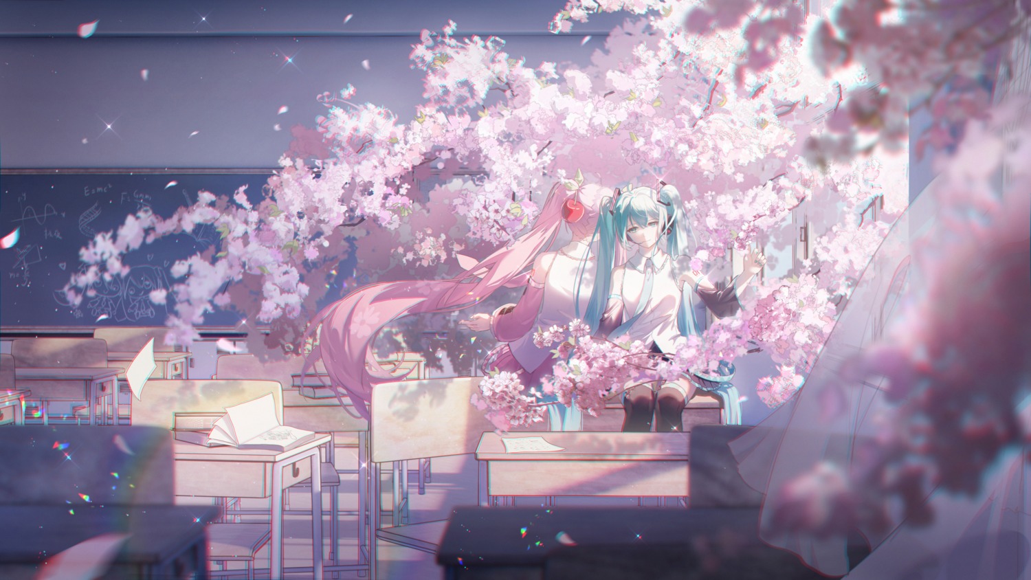 hatsune_miku, headphones, ji_ye_fan_sheng, sakura_miku, tattoo, thighhighs, vocaloid