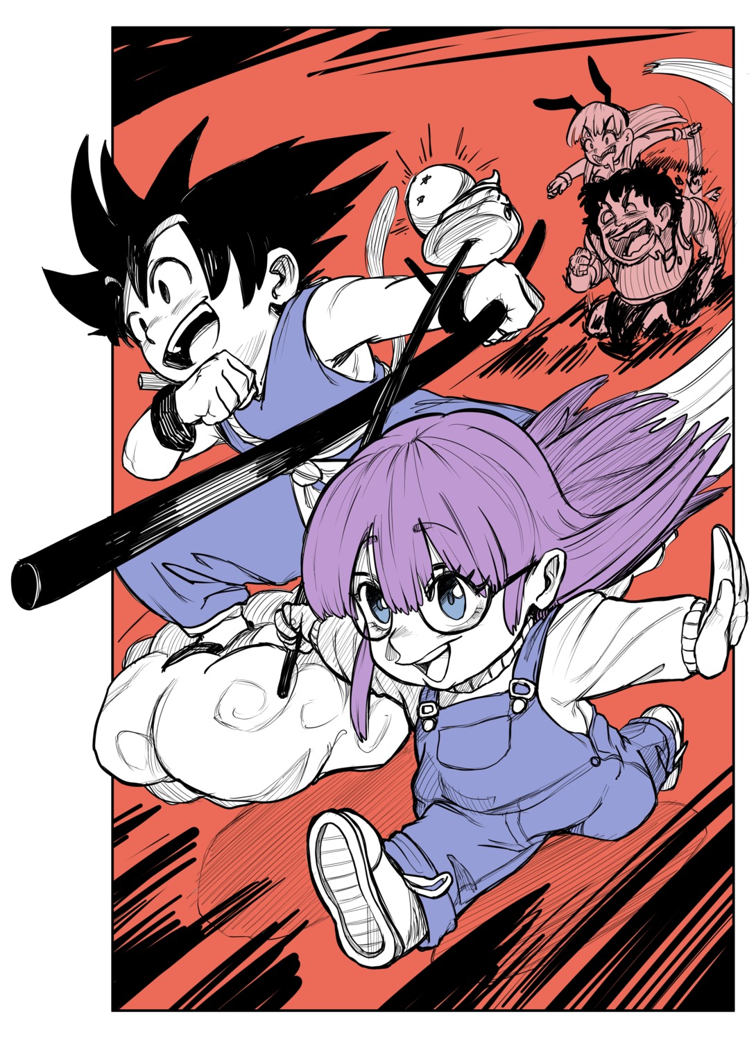 animal_ears, bulma, bunny_ears, bunny_girl, crossover, dr._slump, dragon_ball, megane, no_bra, norimaki_arale, norimaki_senbei, overalls, sketch, son_gokuu, tagme, weapon