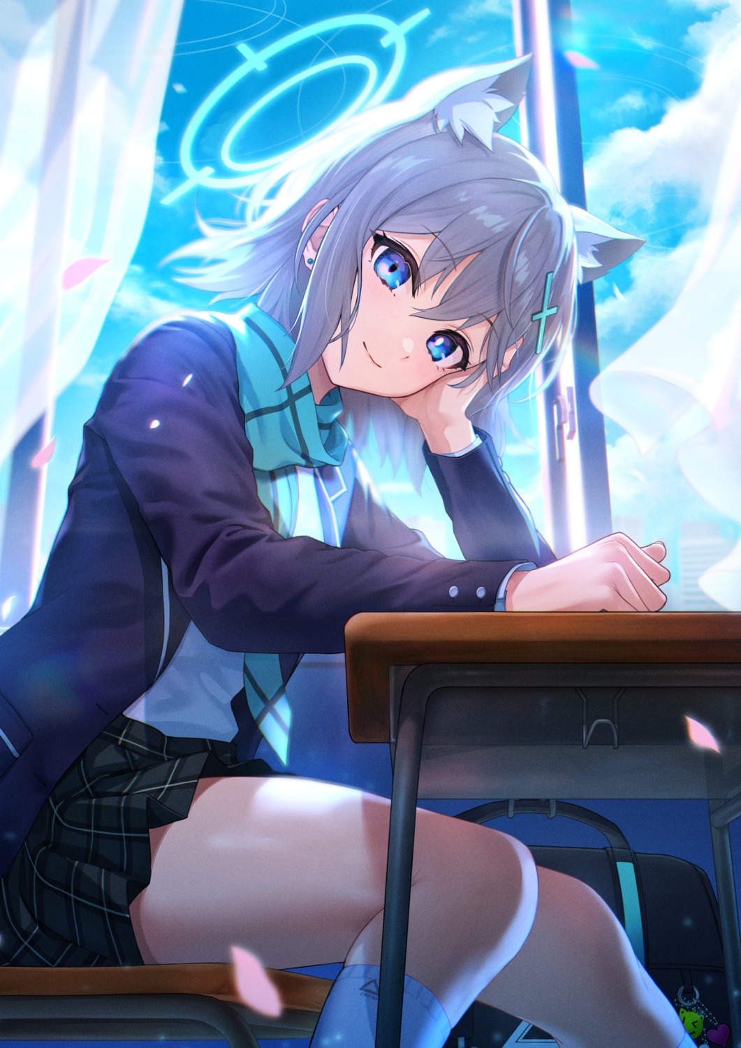 animal_ears, blue_archive, deca_purio, halo, nekomimi, seifuku, sunaookami_shiroko