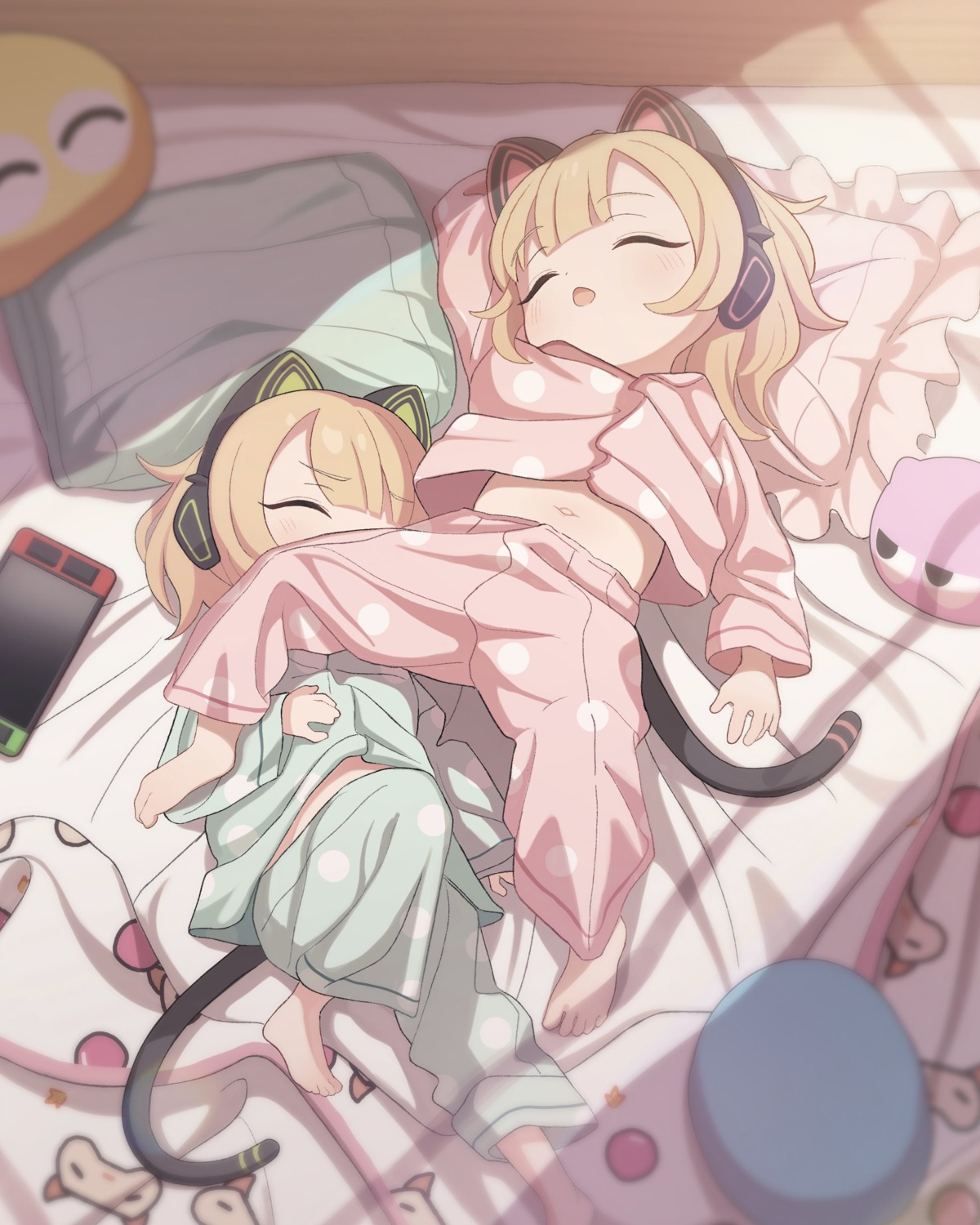 animal_ears, atat250, blue_archive, headphones, nekomimi, pajama, saiba_midori, saiba_momoi, tail