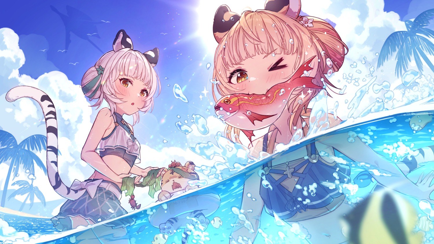 animal_ears, bikini_top, granblue_fantasy, nekomimi, shindara_(granblue_fantasy), swimsuits, tail, wallpaper, wet, yellowpaint.