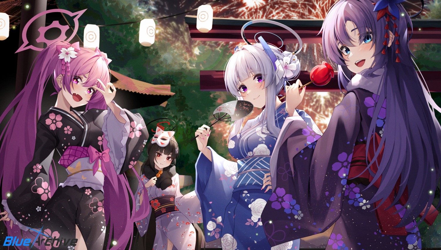 blue_archive, halo, hayase_yuuka, hidel, kimono, kurosaki_koyuki, tsukatsuki_rio, ushio_noa