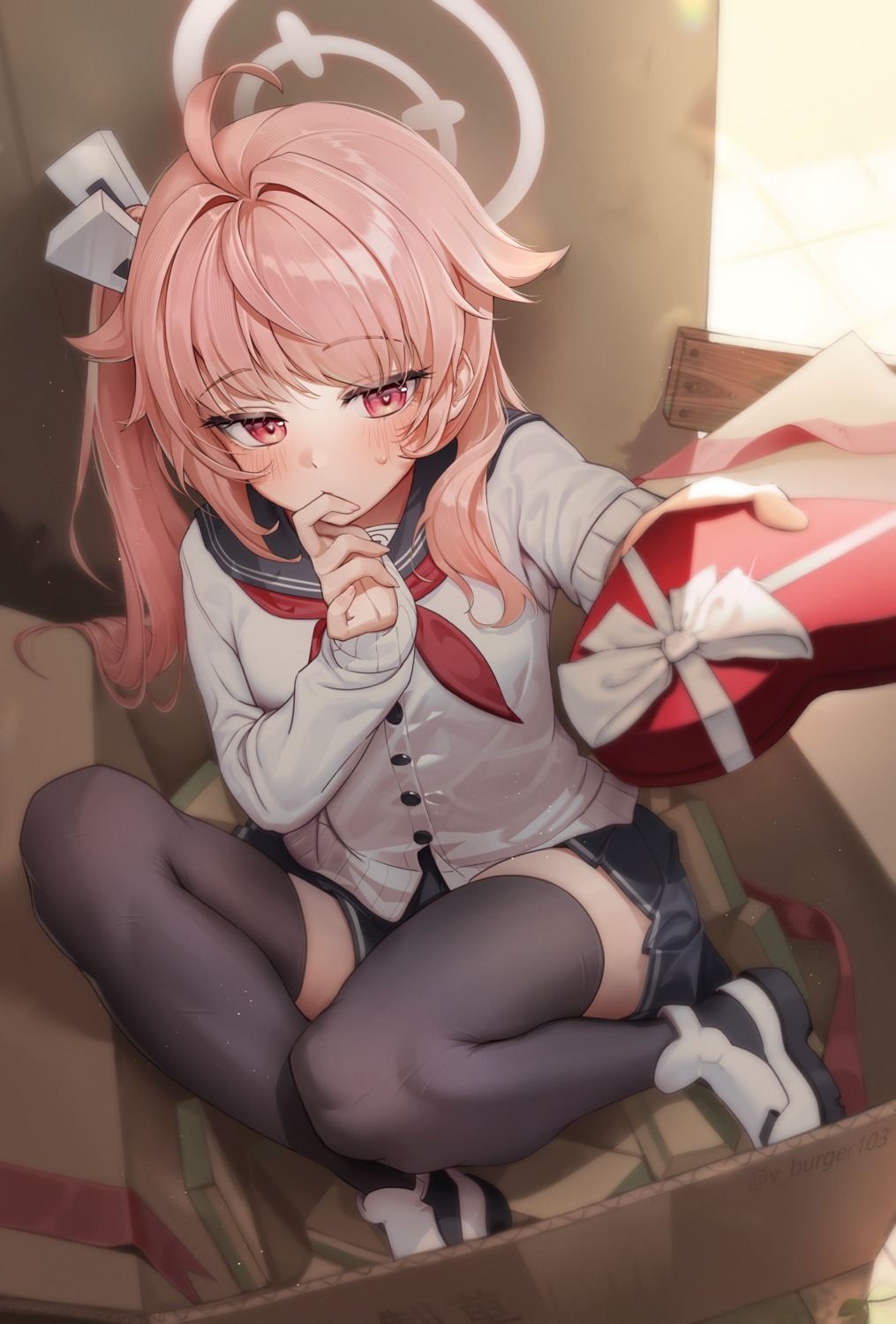 artist_revision, blue_archive, halo, seifuku, sweater, thighhighs, v_burger103, valentine