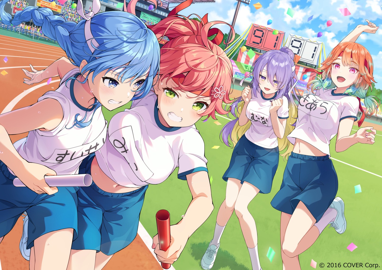 gym_uniform, hololive, hololive_english, hololive_indonesia, hoshimachi_suisei, moona_hoshinova, nobusawa_osamu, sakura_miko