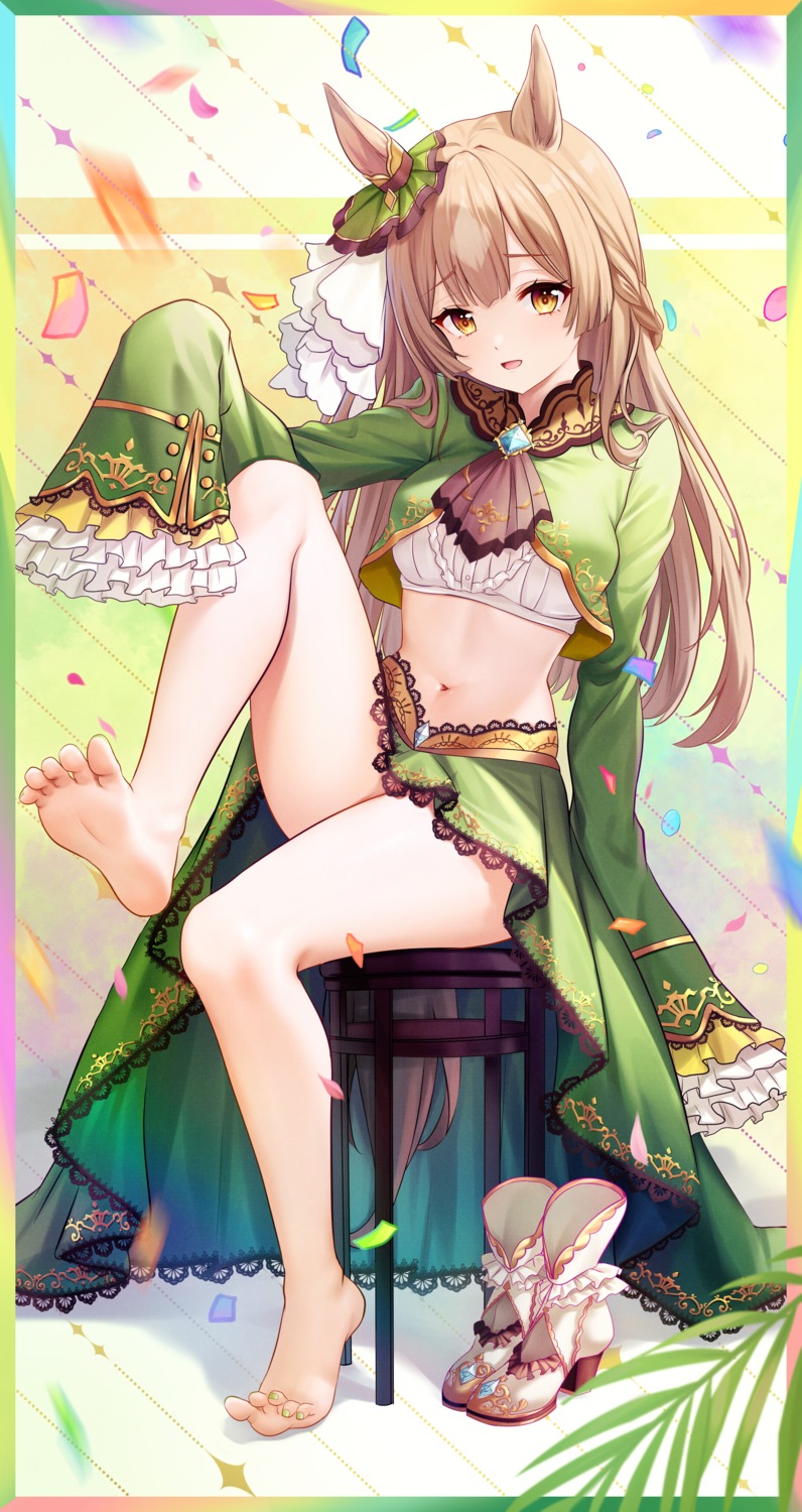 animal_ears, feet, kazamatsuri_honatsu, satono_diamond_(umamusume), skirt_lift, tail, uma_musume_pretty_derby, uniform