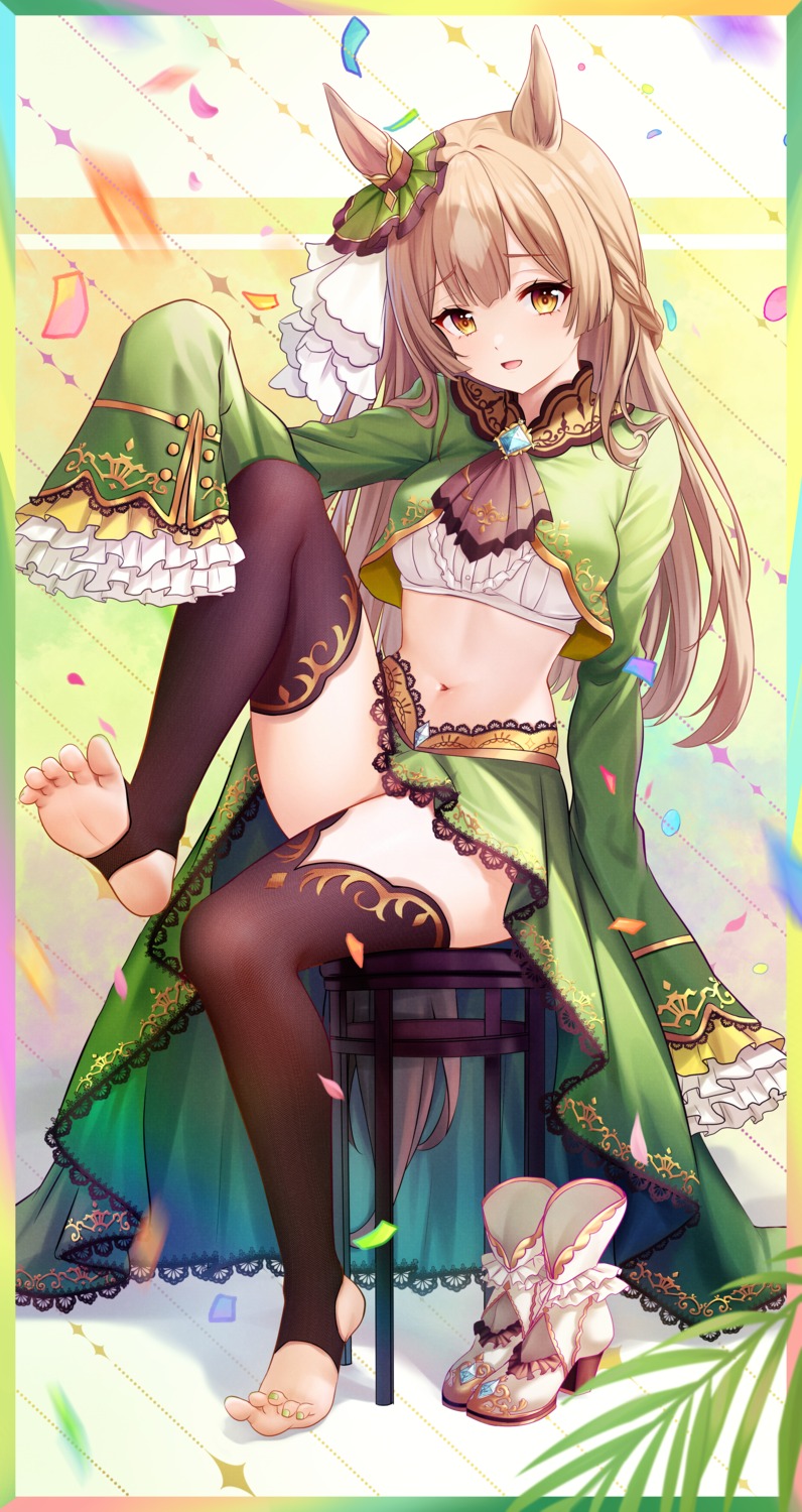 animal_ears, feet, kazamatsuri_honatsu, satono_diamond_(umamusume), skirt_lift, tail, thighhighs, uma_musume_pretty_derby, uniform