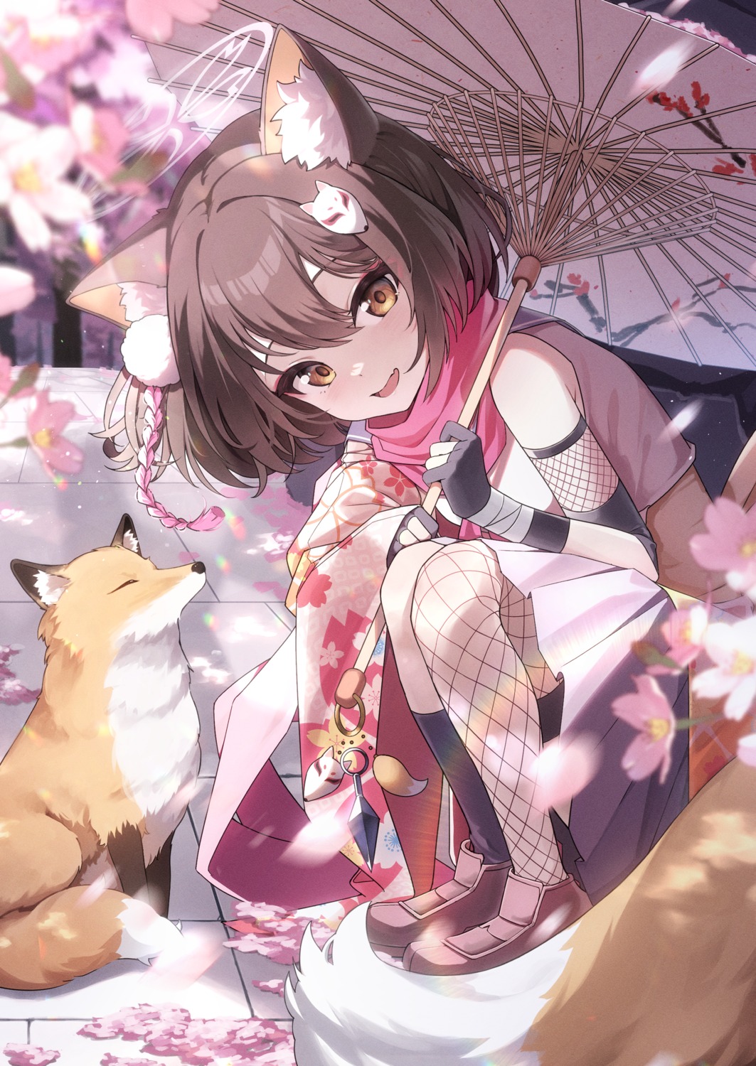 animal_ears, blue_archive, fishnets, halo, japanese_clothes, juliahsl, kitsune, kuda_izuna, seifuku, tail, umbrella