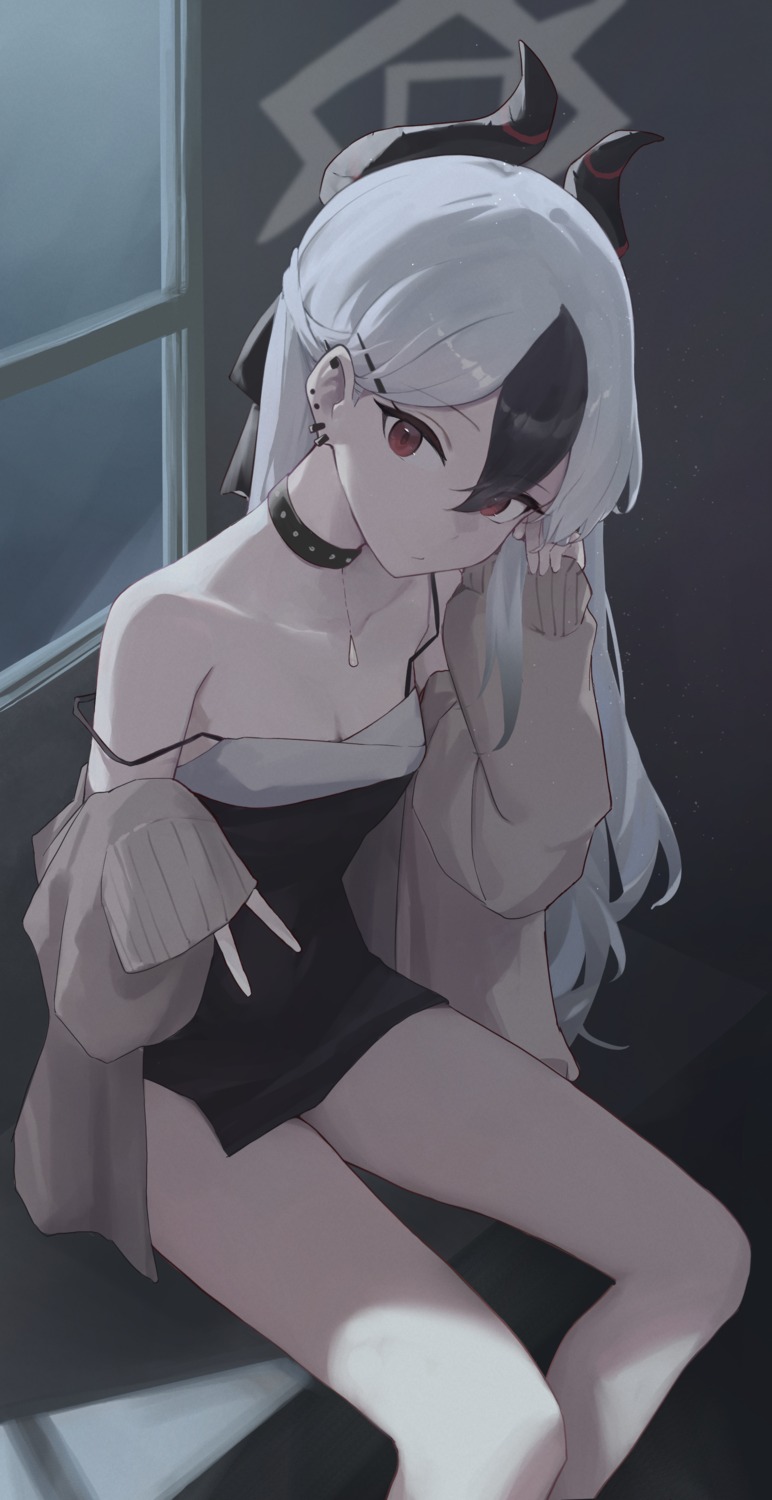 blue_archive, dress, gmi_(jimmyovob), halo, horns, no_bra, onikata_kayoko, sweater