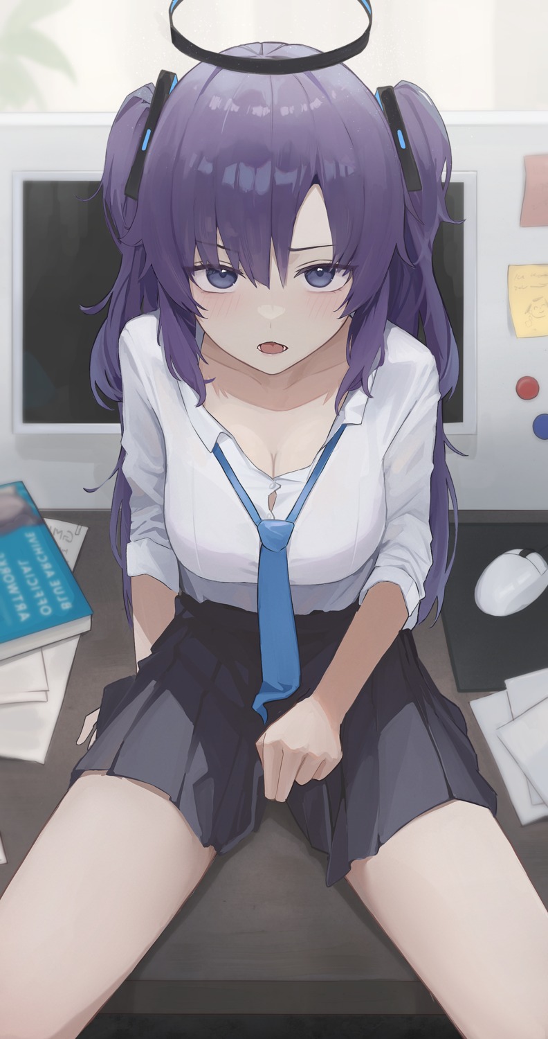 blue_archive, cleavage, gmi_(jimmyovob), halo, hayase_yuuka, seifuku, skirt_lift
