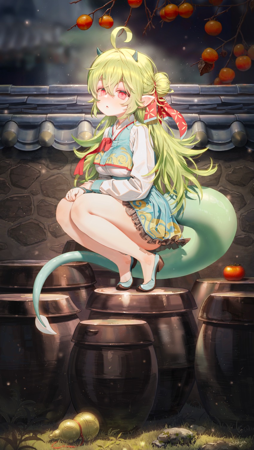 asian_clothes, garam_(ryeoubi), horns, oohhya, pointy_ears, skirt_lift, tail