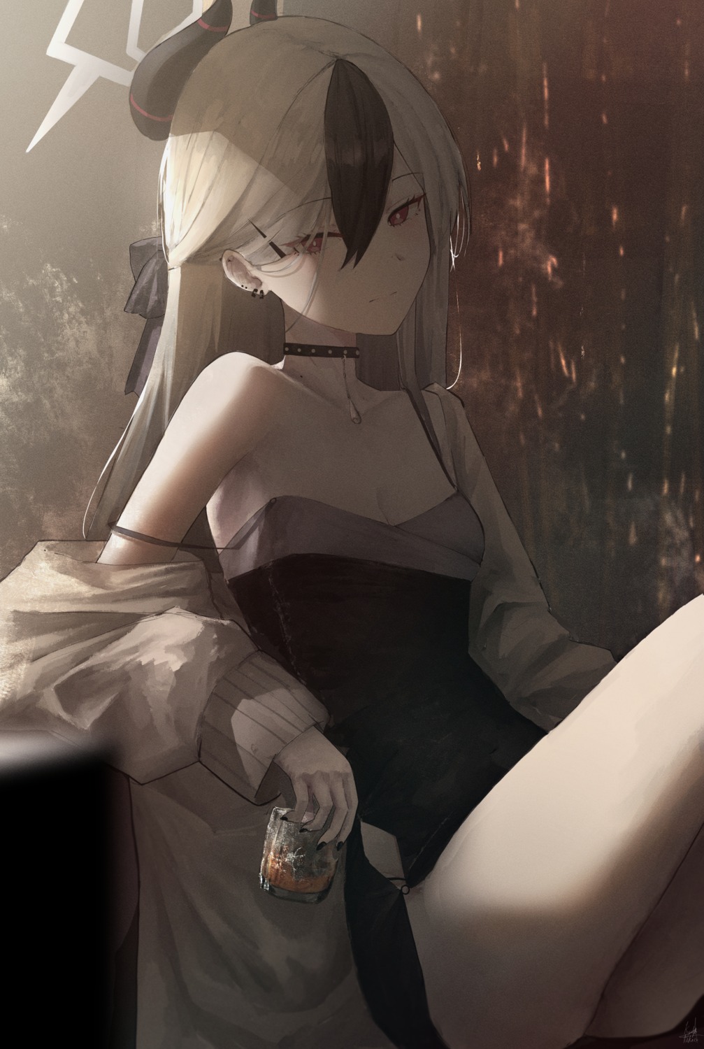 blue_archive, dress, halo, horns, kyatto-mikazu, no_bra, onikata_kayoko, skirt_lift, sweater