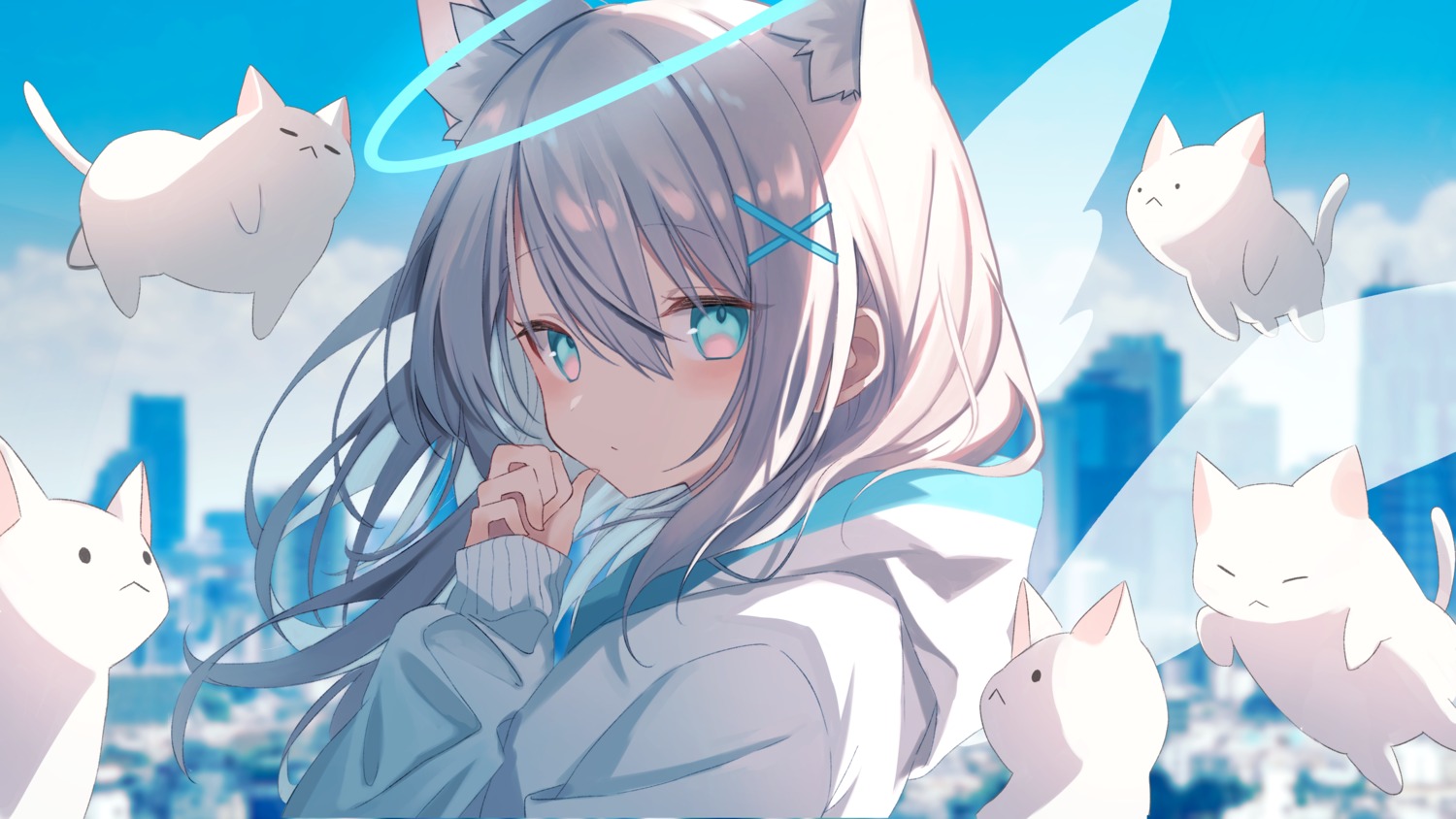 angel, animal_ears, neko, nekomimi, squallea, wallpaper, wings