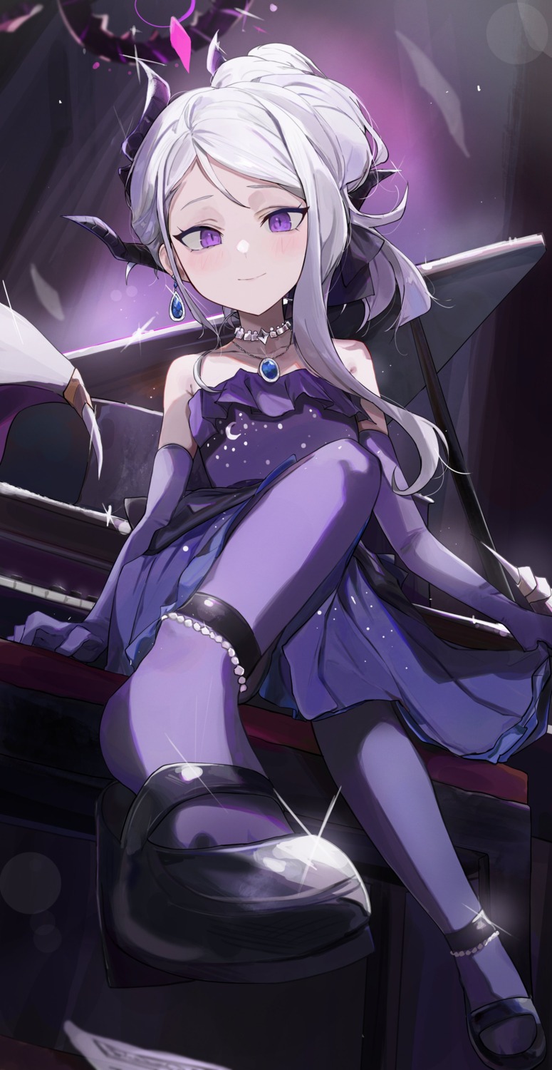 blanc_(whit_blanc), blue_archive, devil, dress, halo, horns, no_bra, pantyhose, skirt_lift, sorasaki_hina, wings