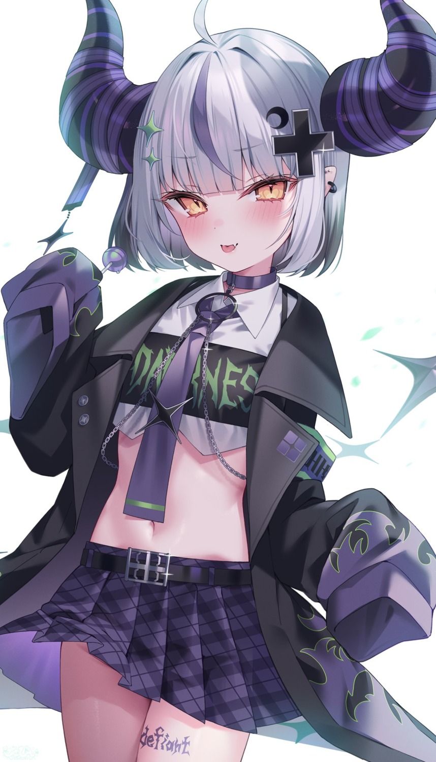 hololive, horns, la+_darknesss, pointy_ears, shu_bii, skirt_lift, tail, tattoo