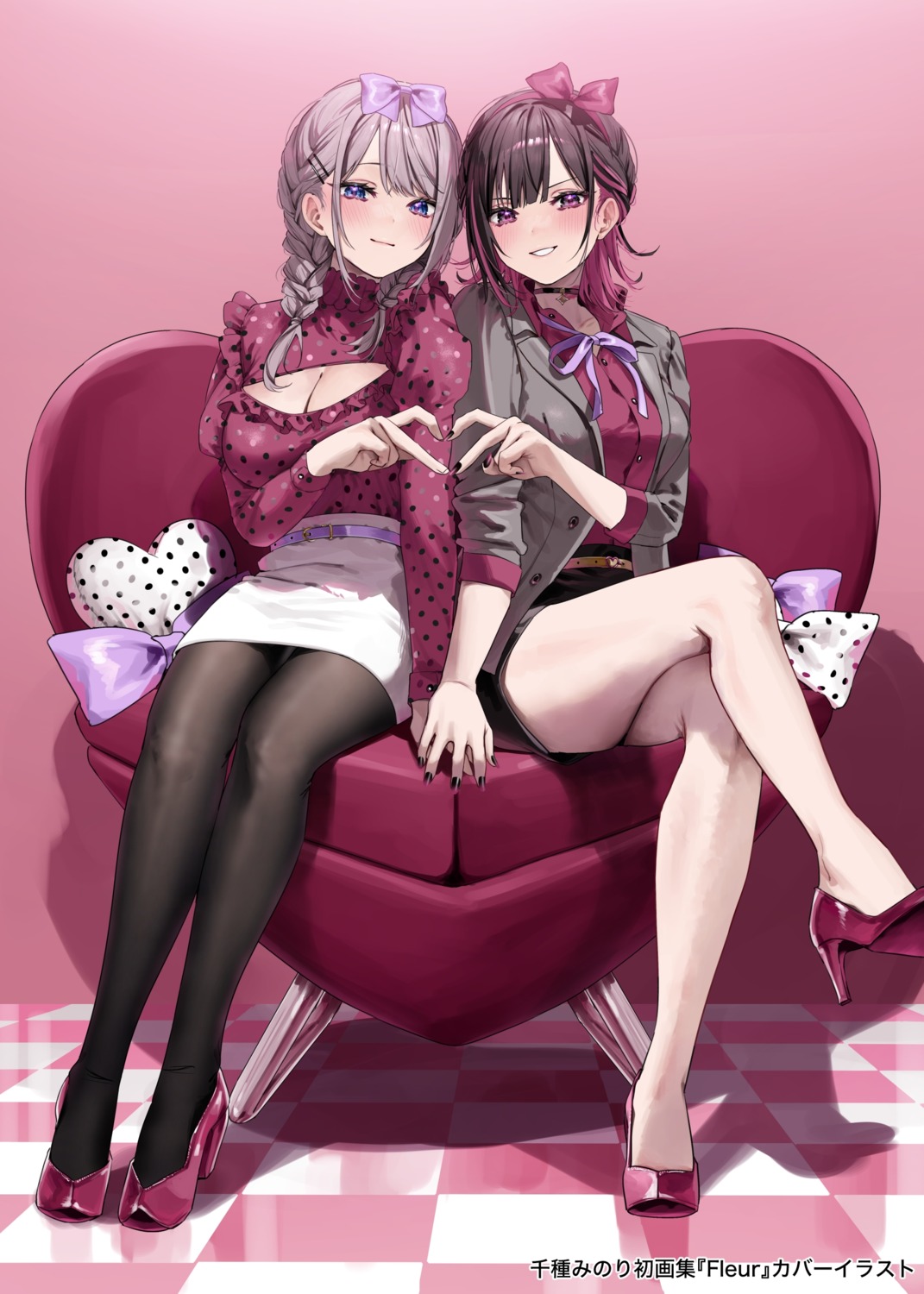 chigusa_minori, cleavage, heels, pantyhose, saotome_shino_(shino_to_ren), shino_to_ren, shirayuki_ren, skirt_lift