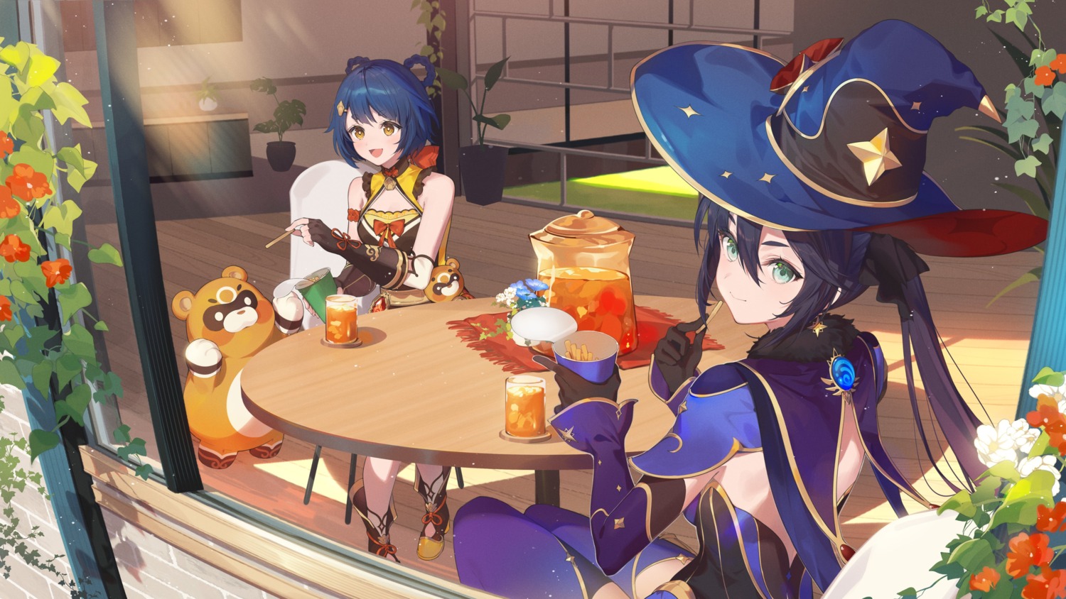 asian_clothes, genshin_impact, guoba, mona_megistus, necomi, no_bra, thighhighs, witch