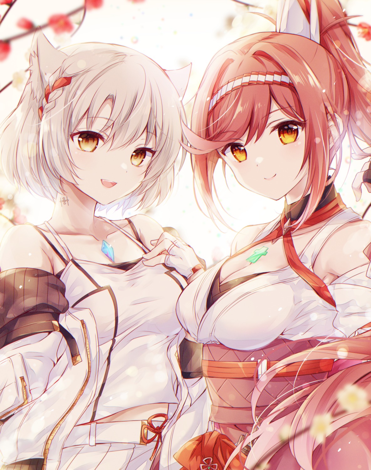 animal_ears, cleavage, japanese_clothes, kagiroi_(xenoblade_3), mio_(xenoblade_3), tattoo, ui_frara, xenoblade_(series)
