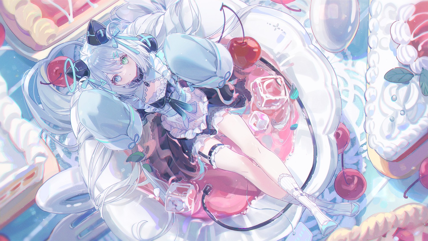 animal_ears, detexted, garter, heterochromia, maid, nekomimi, tail, umehara_sei