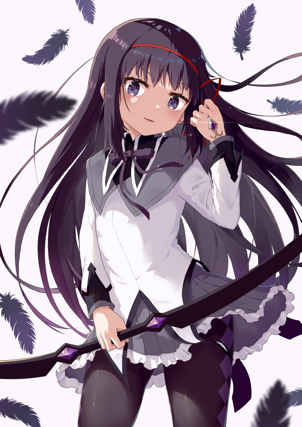 akemi_homura, mahou_shoujo_madoka_magica, pantyhose, puella_anko, seifuku, skirt_lift, weapon