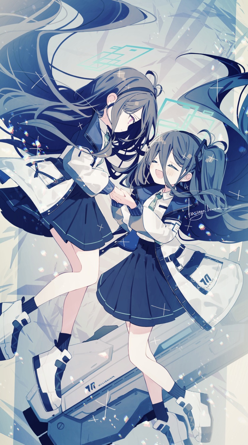 blue_archive, halo, kasuga_izure, seifuku, skirt_lift, tendou_aris, tendou_kei, weapon