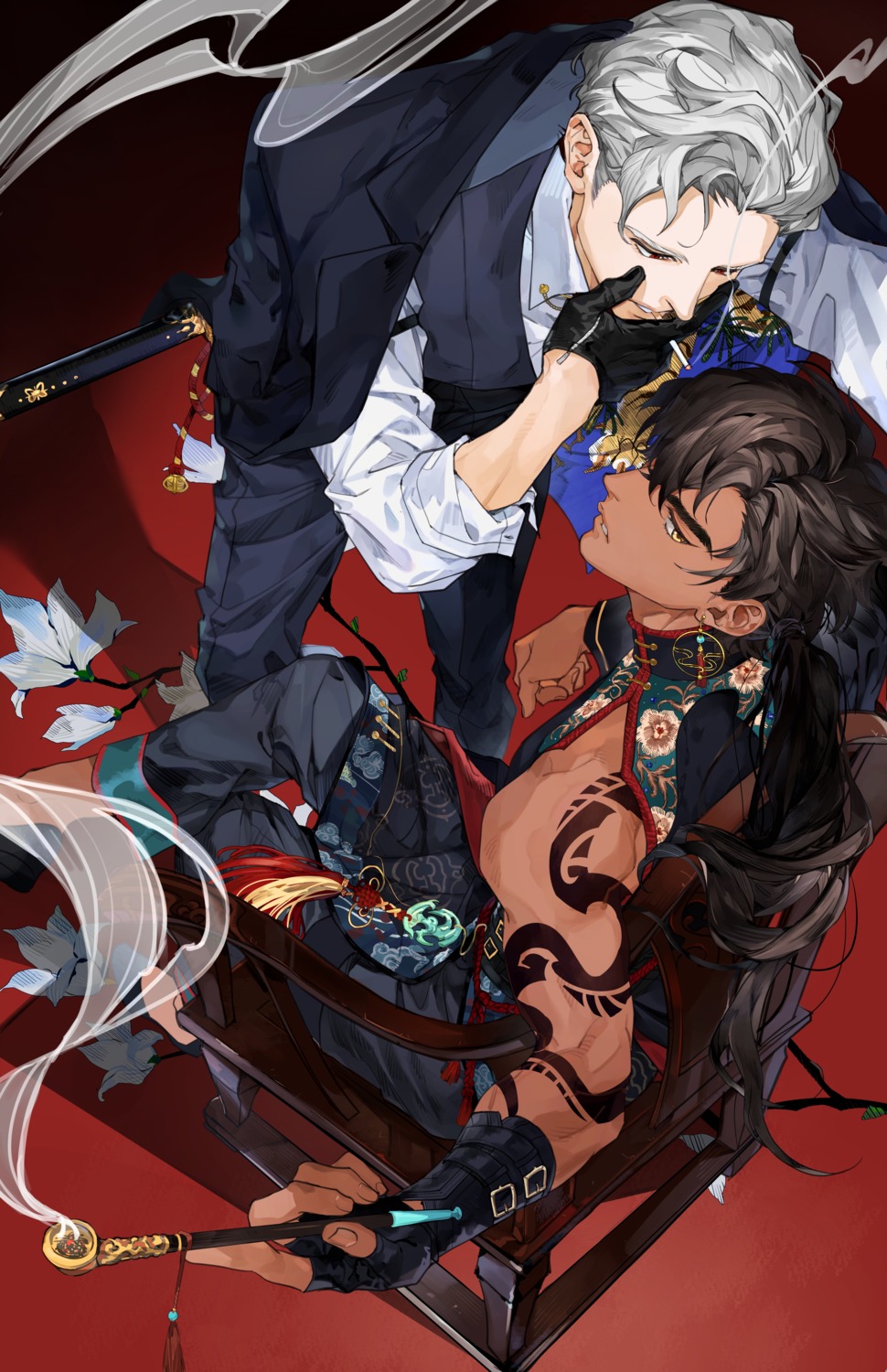 business_suit, gyou_(artist), male, smoking, sword, tattoo