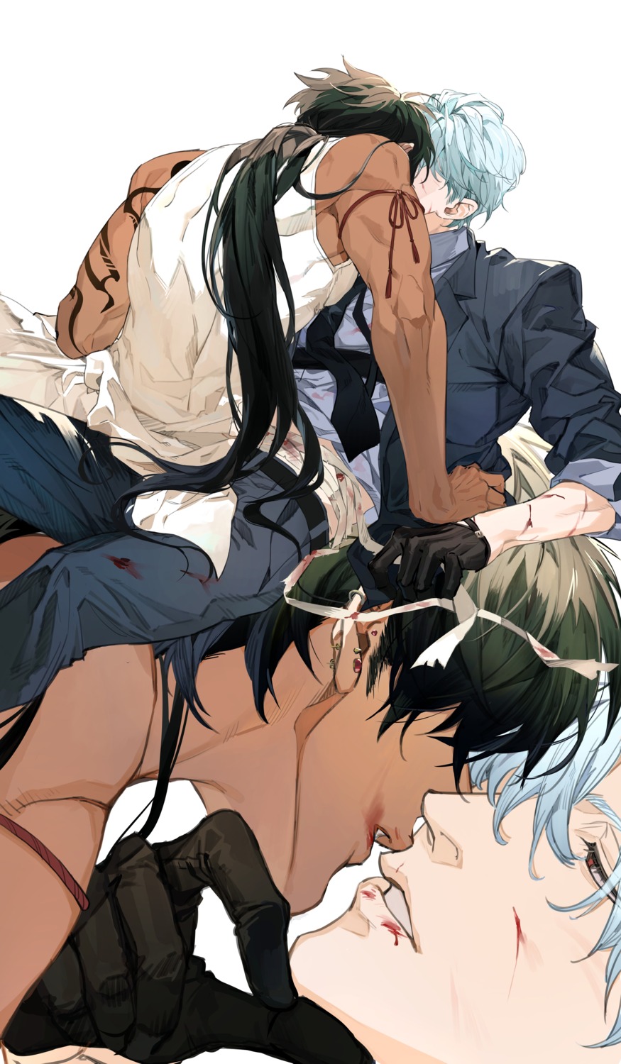 bandages, blood, business_suit, gyou_(artist), male, tattoo, yaoi