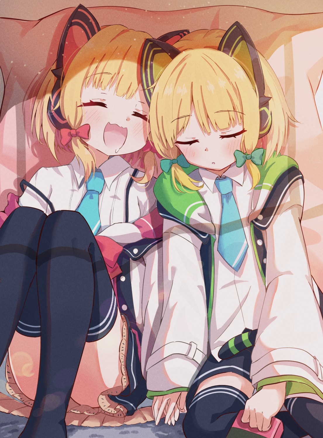 animal_ears, blue_archive, headphones, mikumiku37, nekomimi, saiba_midori, saiba_momoi, seifuku