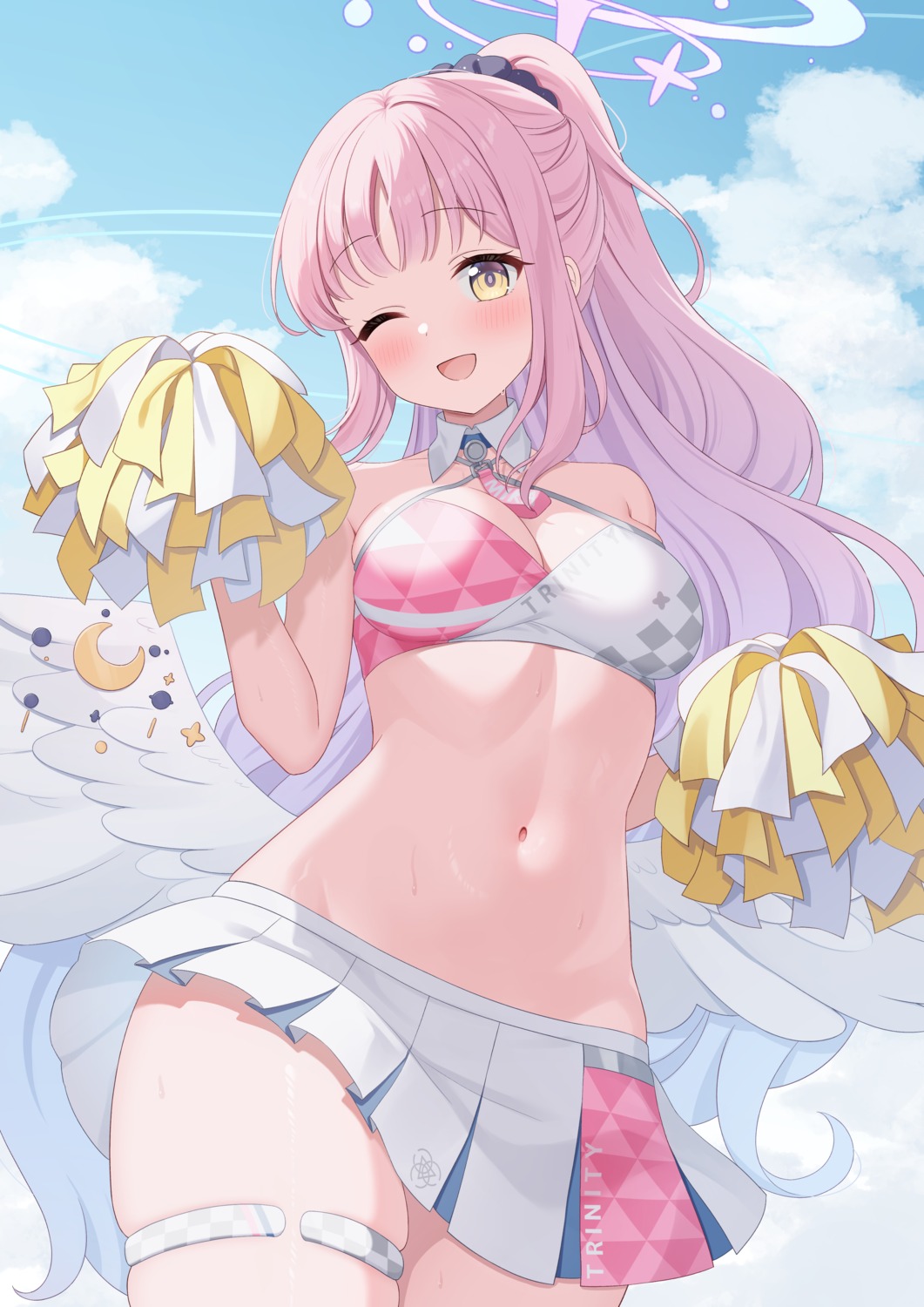 angel, blue_archive, cheerleader, cleavage, futaba_kurumi, garter, misono_mika, skirt_lift, wings