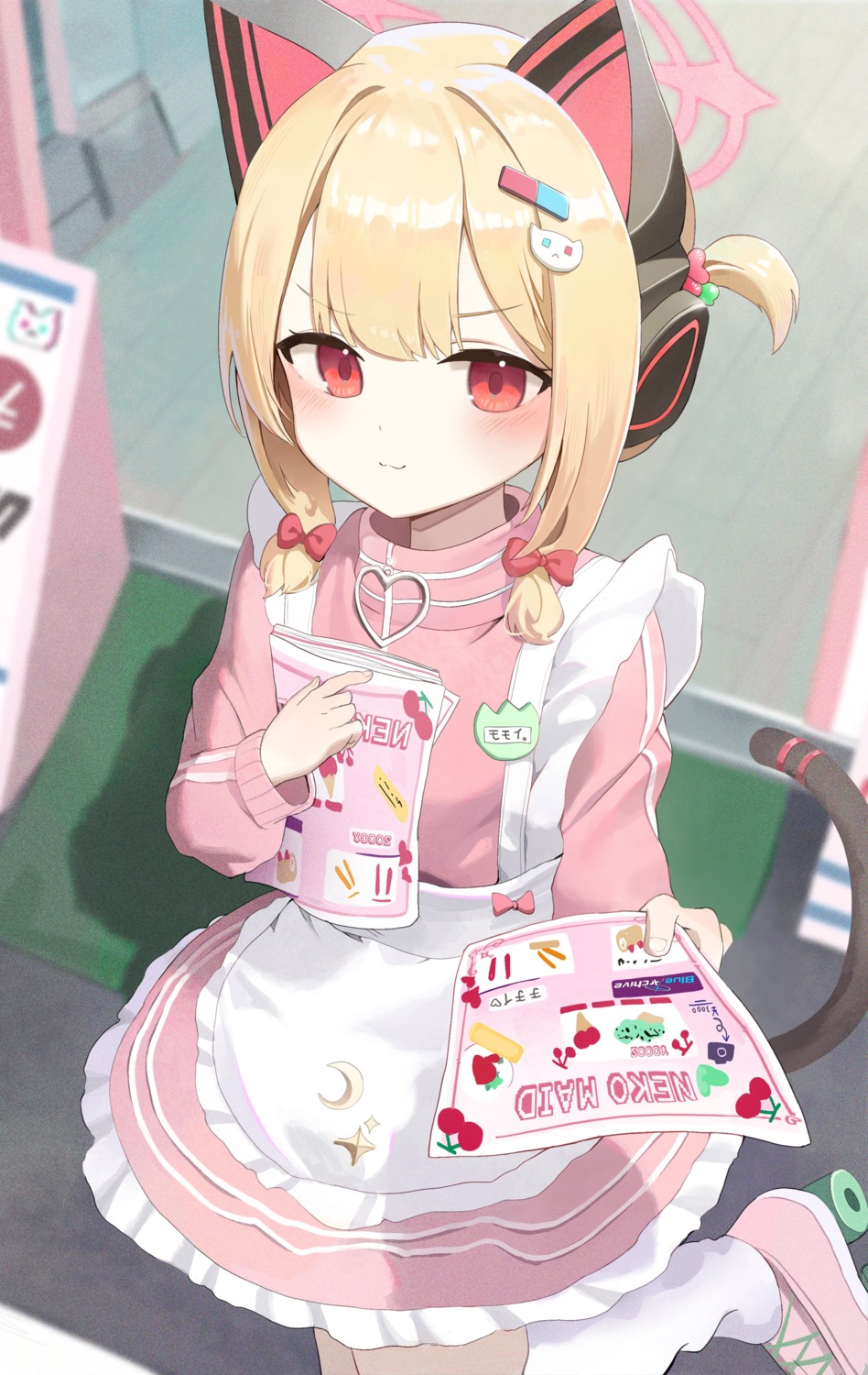 animal_ears, blue_archive, ellaje, halo, headphones, maid, nekomimi, saiba_momoi